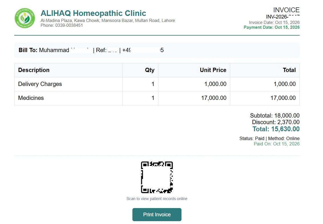 HCMS printed invoice from ALIHAQ Homeopathic Clinic showing bill details, delivery charges, medicines, subtotal, discount, total, payment status, and QR code