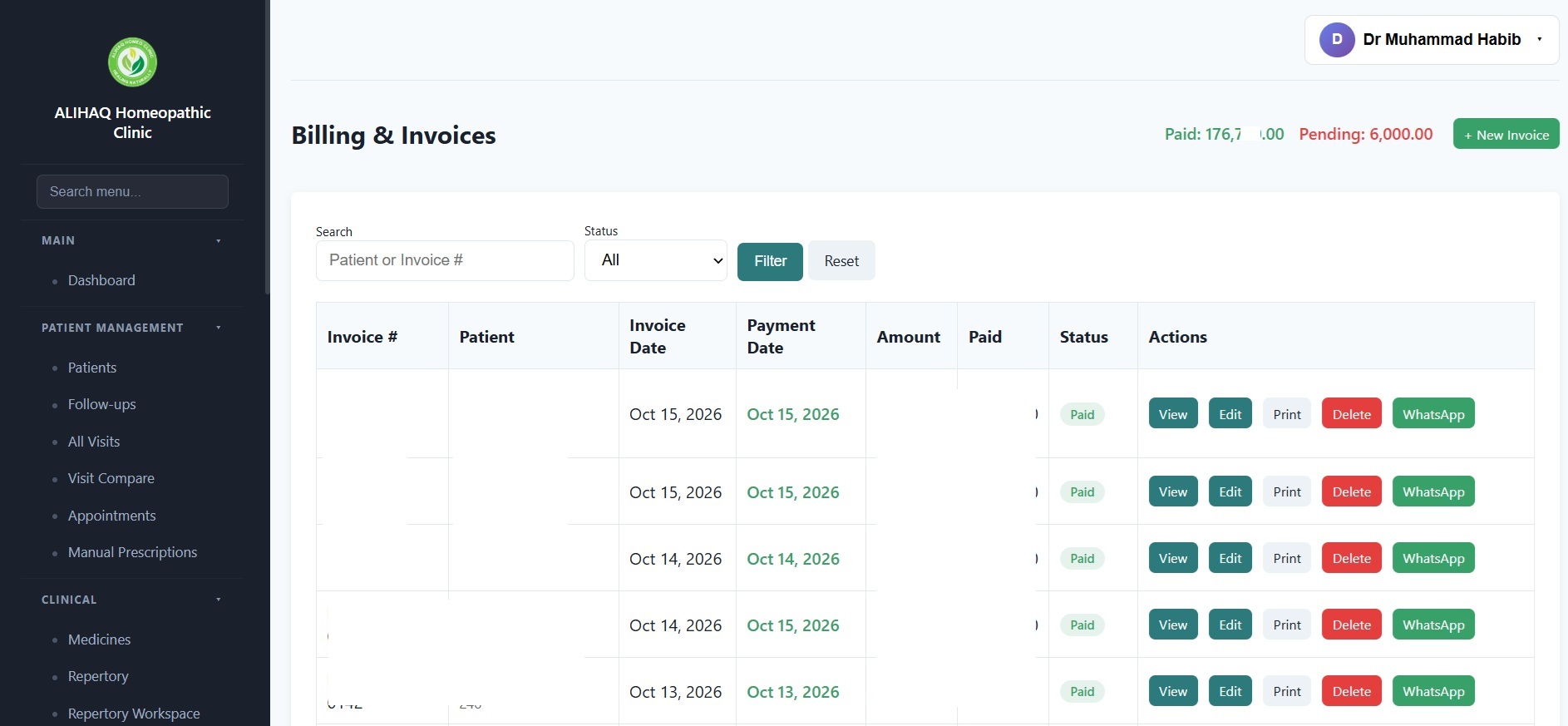 HCMS Billing and Invoices screen showing invoice list with patient names, dates, amounts, payment status, and WhatsApp actions