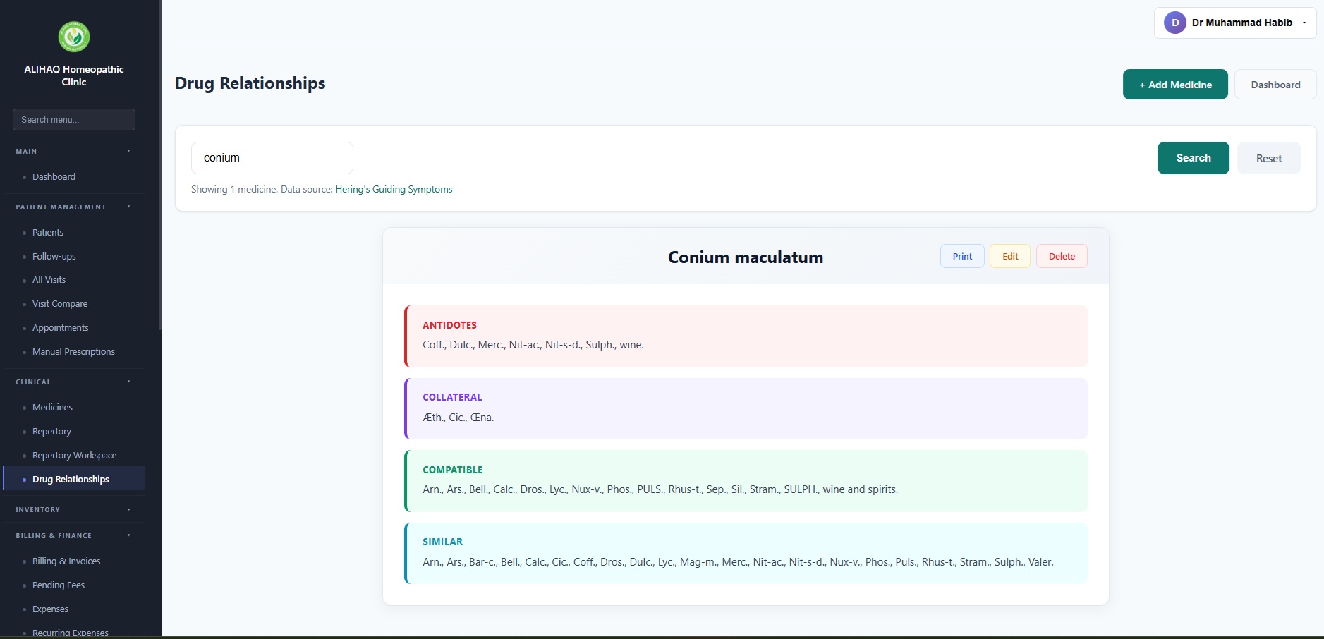 HCMS Drug Relationships module showing Conium maculatum with Antidotes, Collateral, Compatible, and Similar remedy categories from Hering's Guiding Symptoms