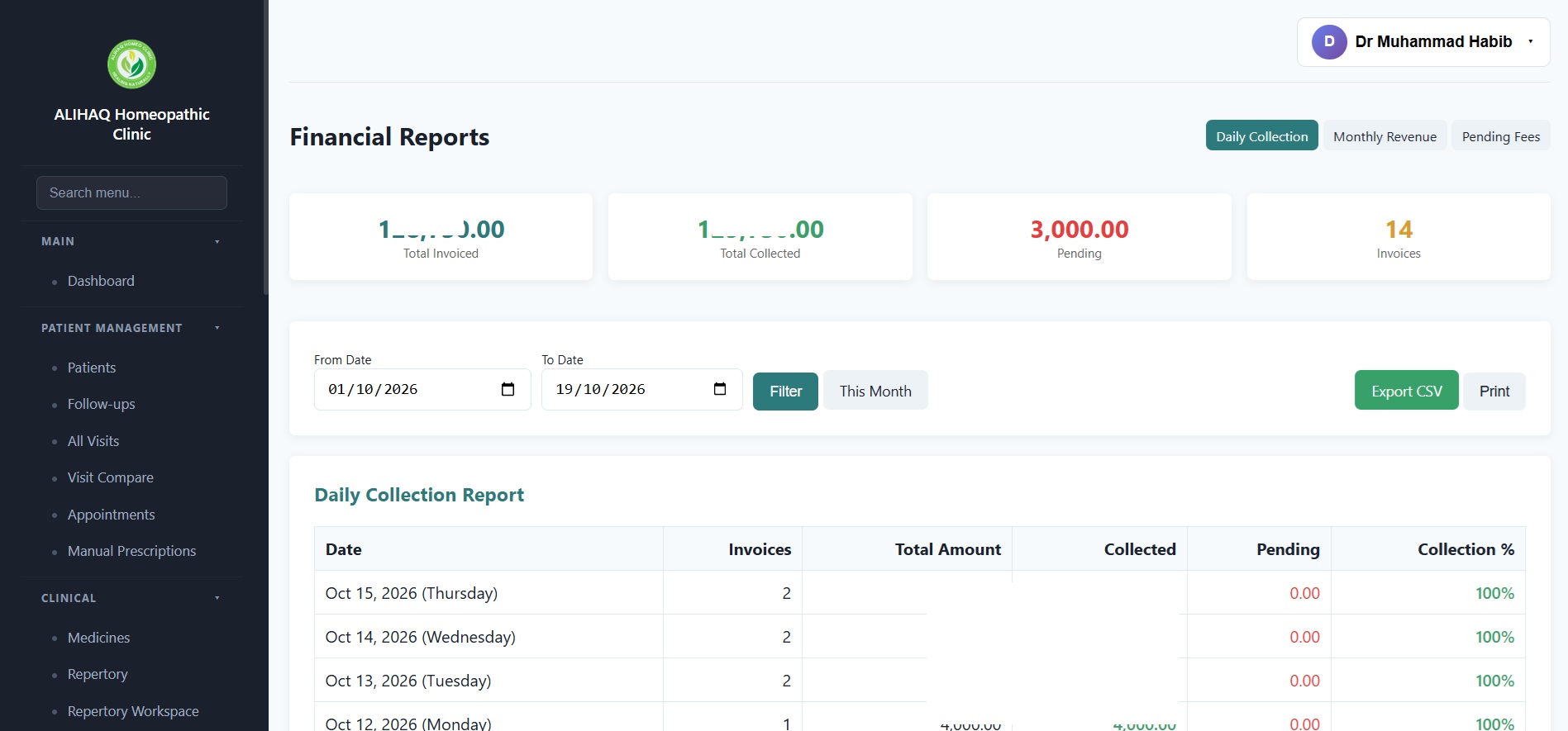 HCMS Financial Reports showing daily collection report with total invoiced, collected, pending amounts, and invoice counts