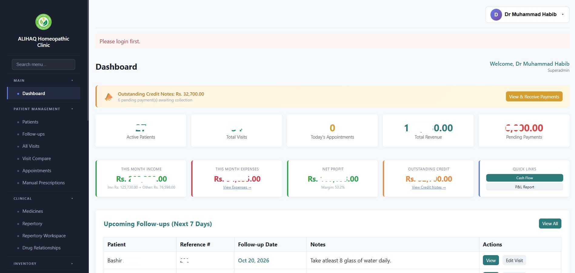 Opext HCMS Dashboard showing active patients, visits, revenue, pending payments, and follow-ups for a homeopathic clinic in Pakistan