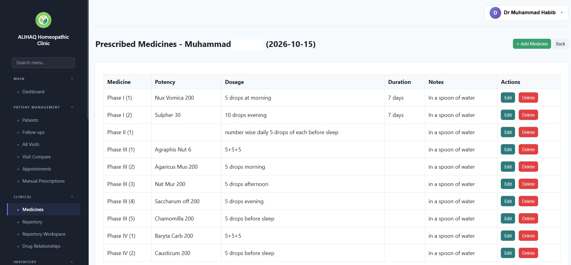 HCMS Prescribed Medicines screen showing medicine phases, potency like Nux Vomica 200 and Sulphur 30, dosage, duration, and notes for patient prescriptions
