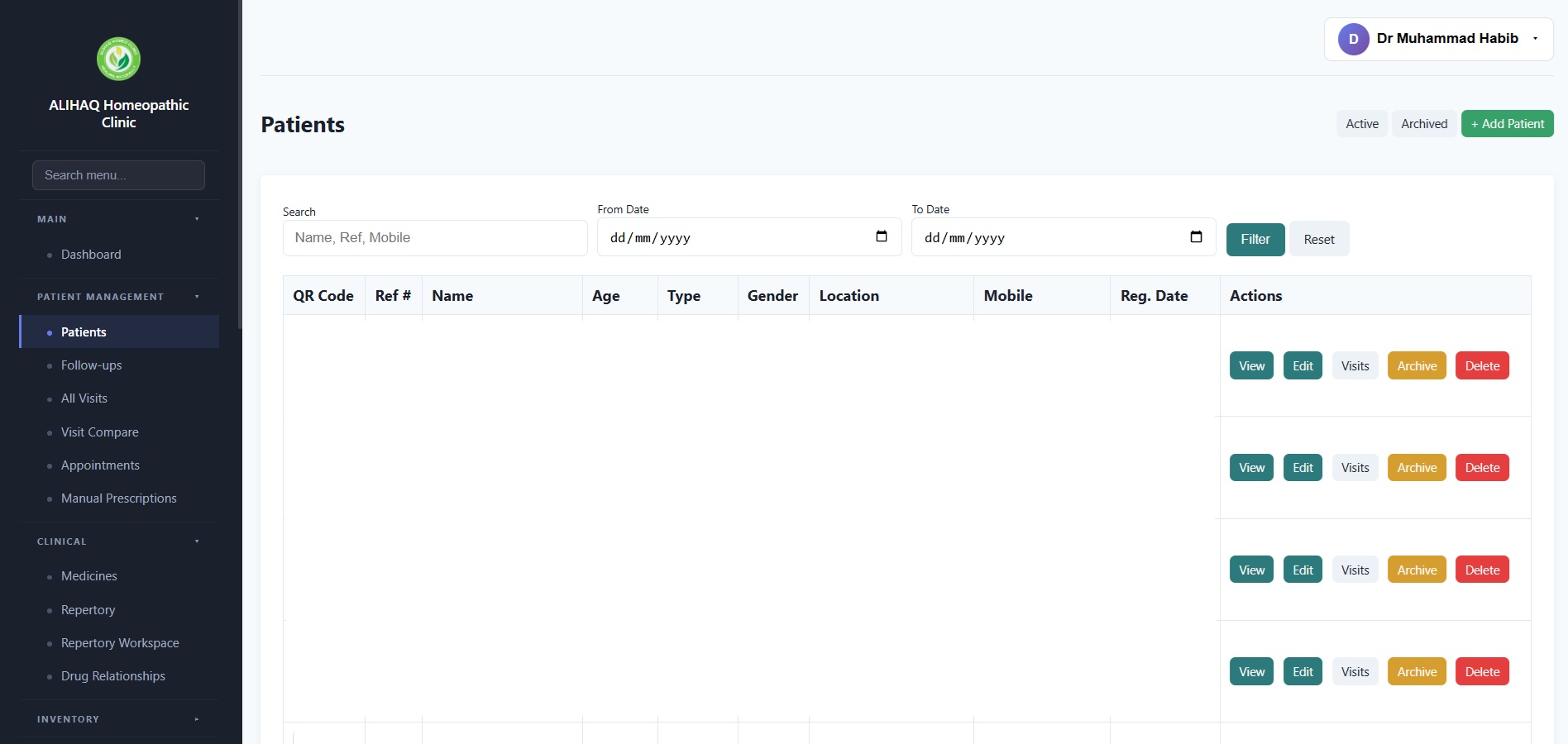 HCMS Patient Management screen showing patient list with QR code, reference number, name, age, type, gender, location, mobile, and registration date