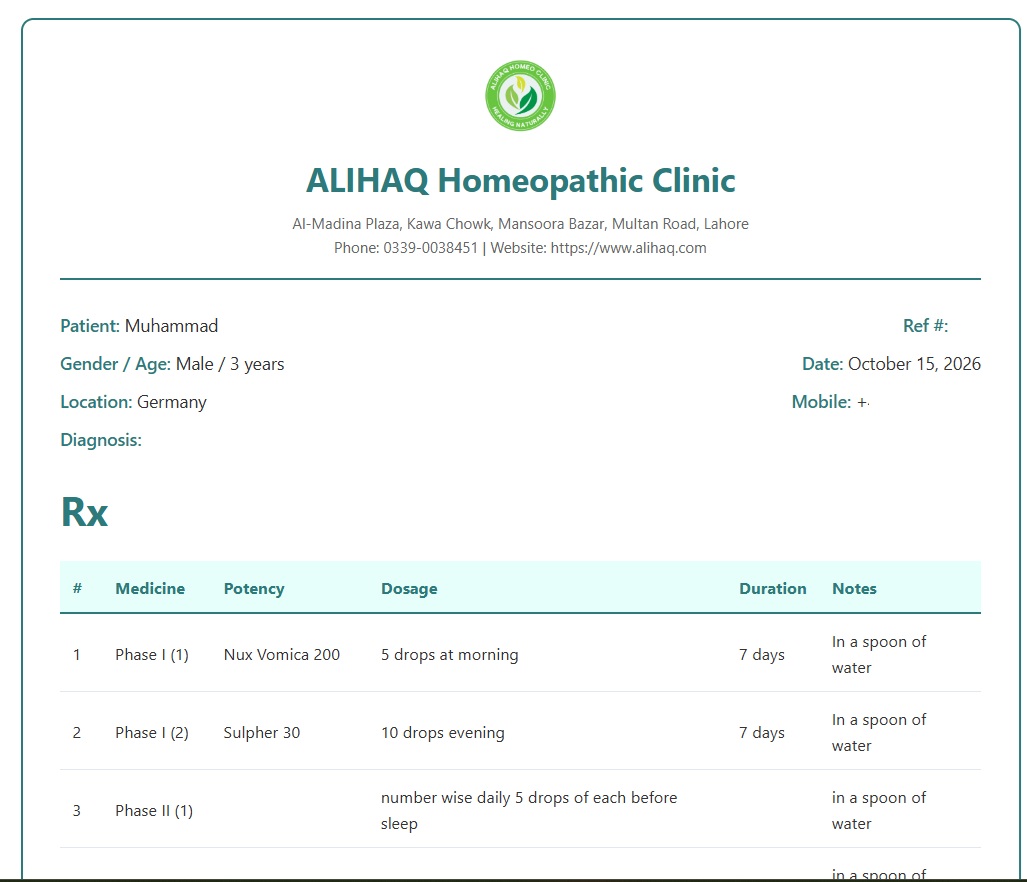 HCMS printed prescription from ALIHAQ Homeopathic Clinic showing patient details, diagnosis, and prescribed medicines with potency, dosage, duration, and notes