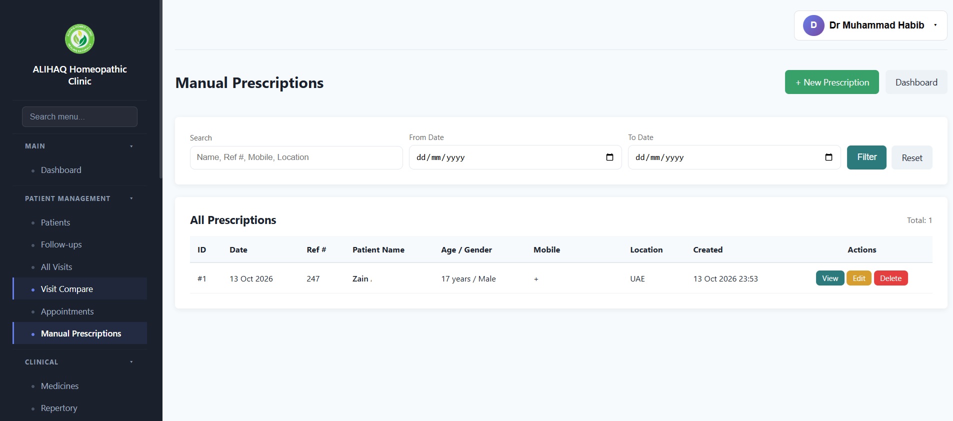 HCMS Manual Prescriptions screen showing all prescriptions list with patient name, age, gender, mobile, location, and action buttons